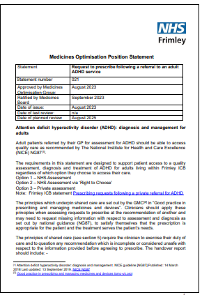 021 MOG Position Statement- Request to prescribe following a referral to an ADULT ADHD service