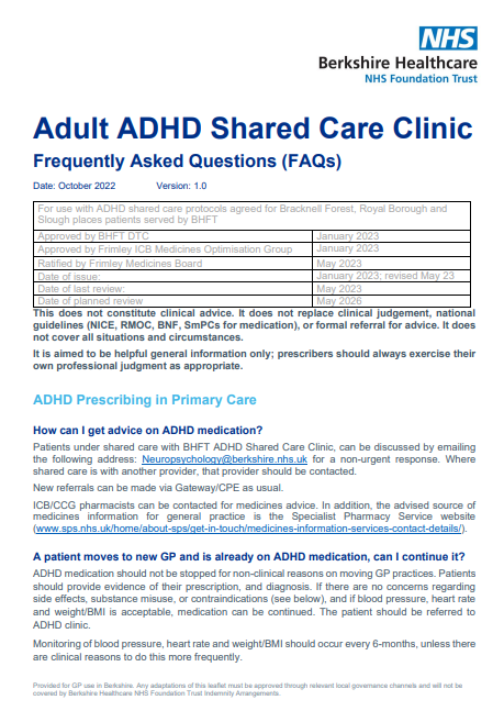 Adult ADHD shared care clinic FAQ for GPs (BHFT)