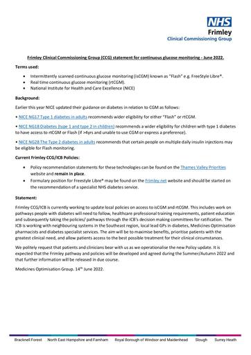 Frimley CCG continuous glucose monitoring (CGM) statement -June 2022