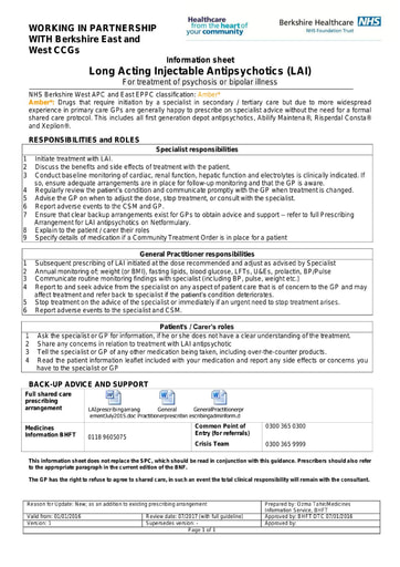 BHFT long acting injectable (LAI) prescribing arrangement- information sheet
