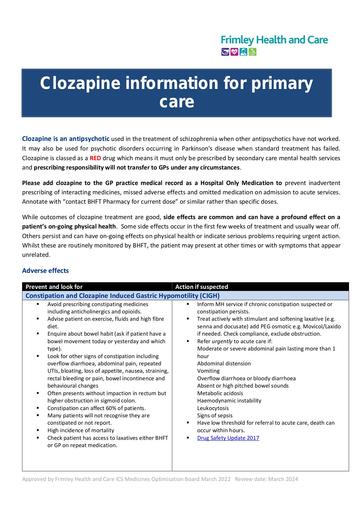 Clozapine factsheet for primary care