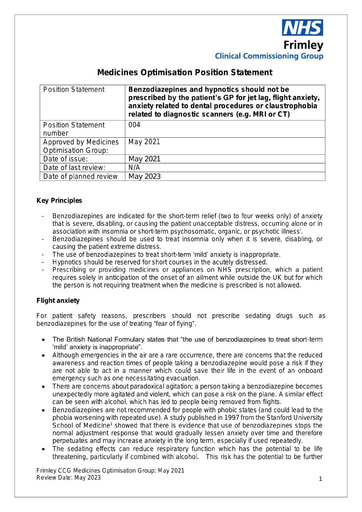 004 MOG Position Statement - Use of benzodiazepines & hypnotics for dental procedures, diagnostic scanners, jet lag and fear of flying