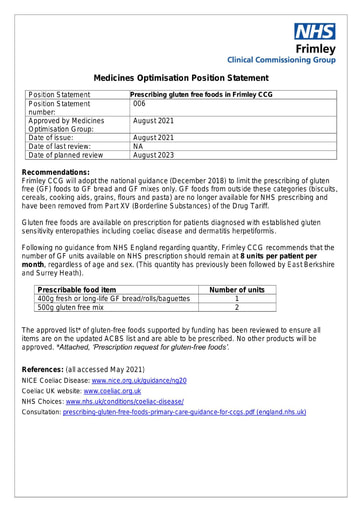 006 MOG Position Statement- Prescribing gluten free foods in Frimley CCG