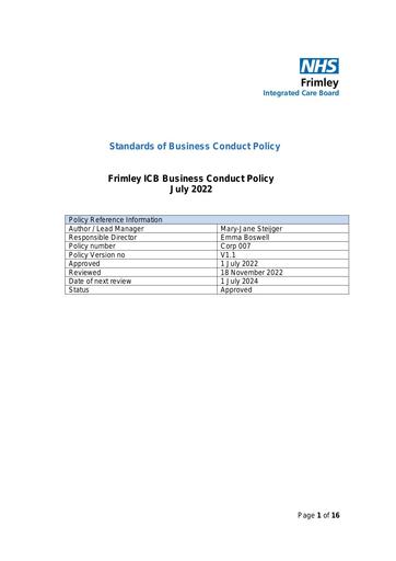 Frimley ICB Standards of Business Conduct