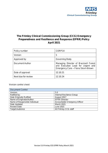 Frimley CCG EPRR Policy Version 5.0 October 2021