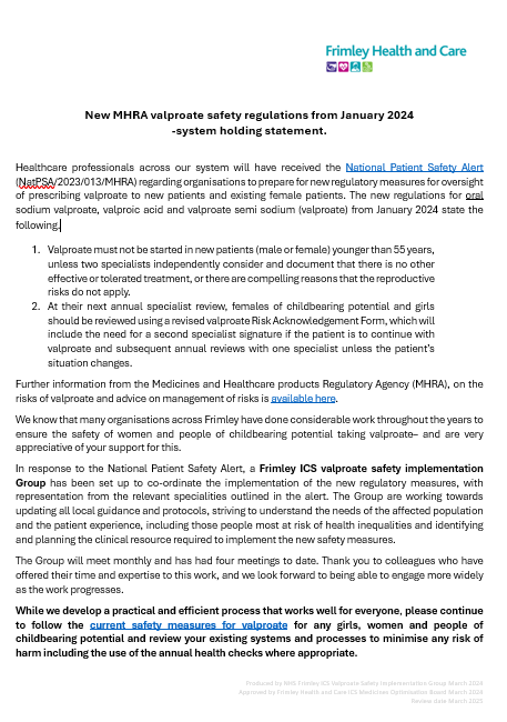 MHRA valproate safety regulations (Jan 2024)- NHS Frimley progress update