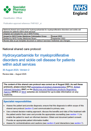 Hydroxycarbamide for myeloproliferative disorders and sickle cell- shared care