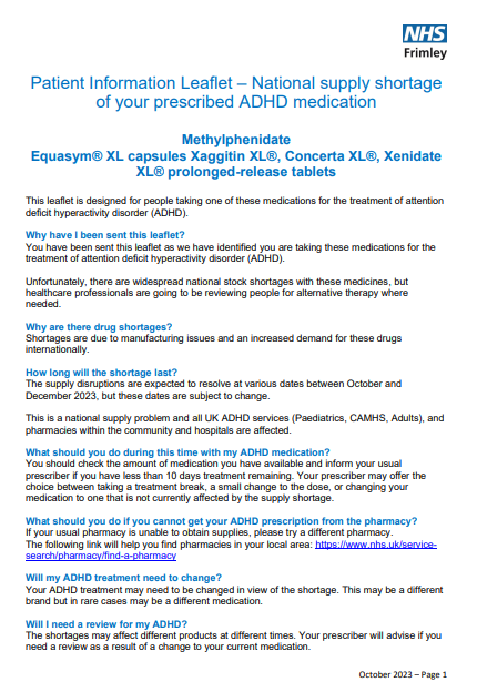 Methylphenidate supply shortage - patient information leaflet