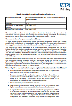 012 MOG Position Statement- Recommendations for the usual duration of repeat prescriptions