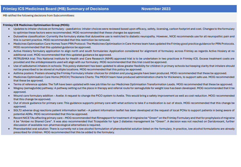 Medicines Board decision summary November 2023