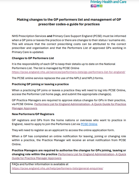 Making changes to the GP performers list and management of GP prescriber codes