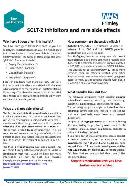 SGLT2 inhibitors and rare side effects- patient information leaflet