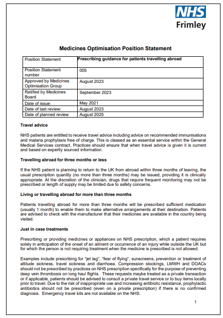 005 MOG Position Statement- Prescribing guidance for patients travelling abroad